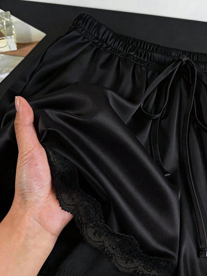 Qadelle Women's Black Lace Patchwork Elastic Waist Shorts,Seductive Satin Night Sleep Shorts For Summer,Elegant Loungewear Casual Outings Festival Outfits
