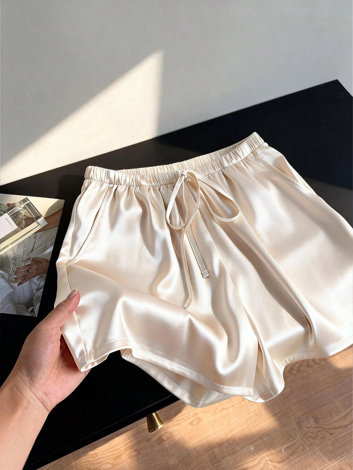 Qadelle Women's Black Lace Patchwork Elastic Waist Shorts,Seductive Satin Night Sleep Shorts For Summer,Elegant Loungewear Casual Outings Festival Outfits