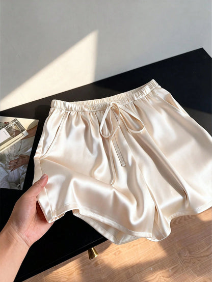 Qadelle Women's Black Lace Patchwork Elastic Waist Shorts,Seductive Satin Night Sleep Shorts For Summer,Elegant Loungewear Casual Outings Festival Outfits