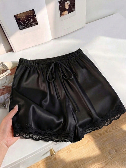 Qadelle Women's Black Lace Patchwork Elastic Waist Shorts,Seductive Satin Night Sleep Shorts For Summer,Elegant Loungewear Casual Outings Festival Outfits