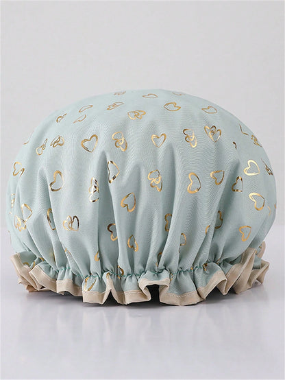 QINGMYU 2-Layer Waterproof Shower Cap, Fashionable Foil Heart Print