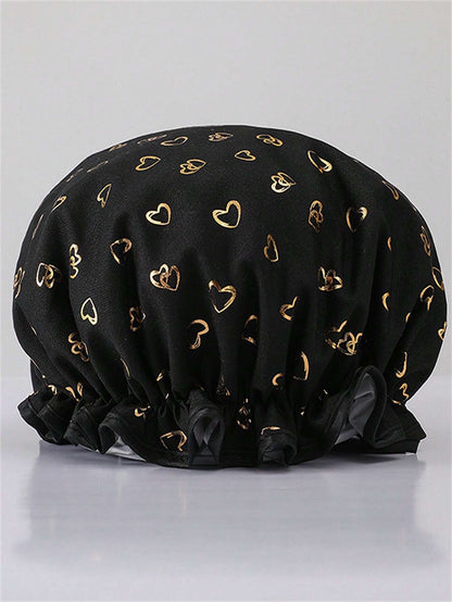 QINGMYU 2-Layer Waterproof Shower Cap, Fashionable Foil Heart Print