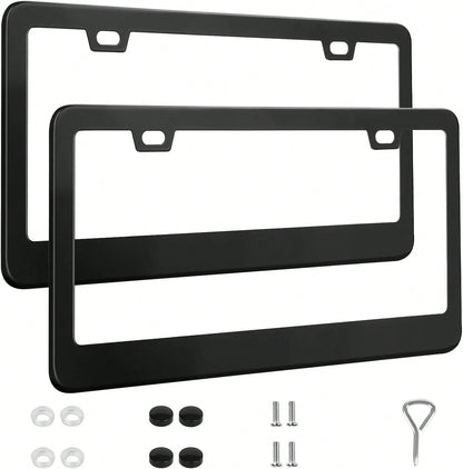 QUANQIUFEI 2 Pack License Plate Frames, Stainless Steel Car License Plate Cover Car Accessories With Screw Caps (Black)