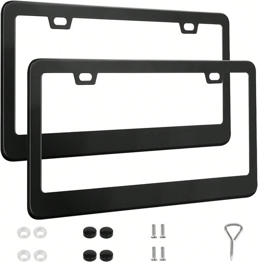QUANQIUFEI 2 Pack License Plate Frames, Stainless Steel Car License Plate Cover Car Accessories With Screw Caps (Black)