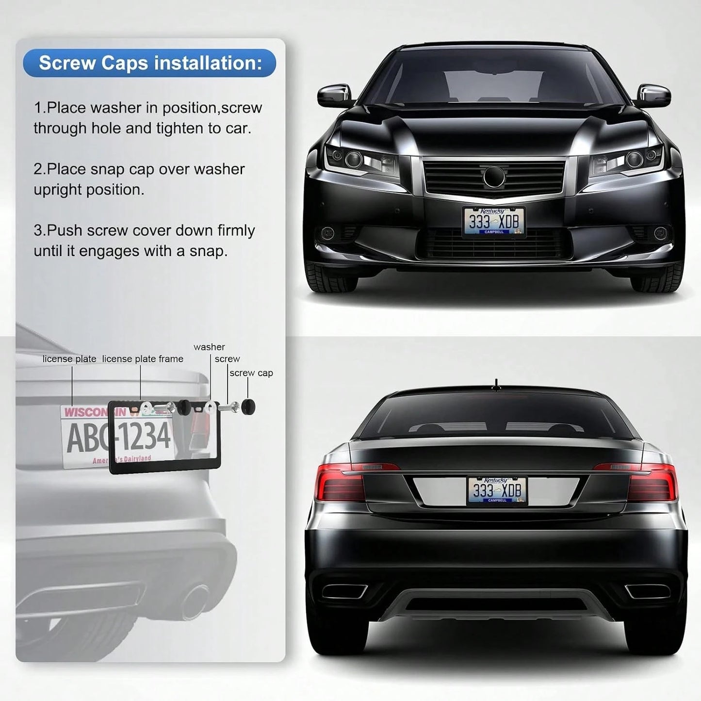 QUANQIUFEI 2 Pack License Plate Frames, Stainless Steel Car License Plate Cover Car Accessories With Screw Caps (Black)