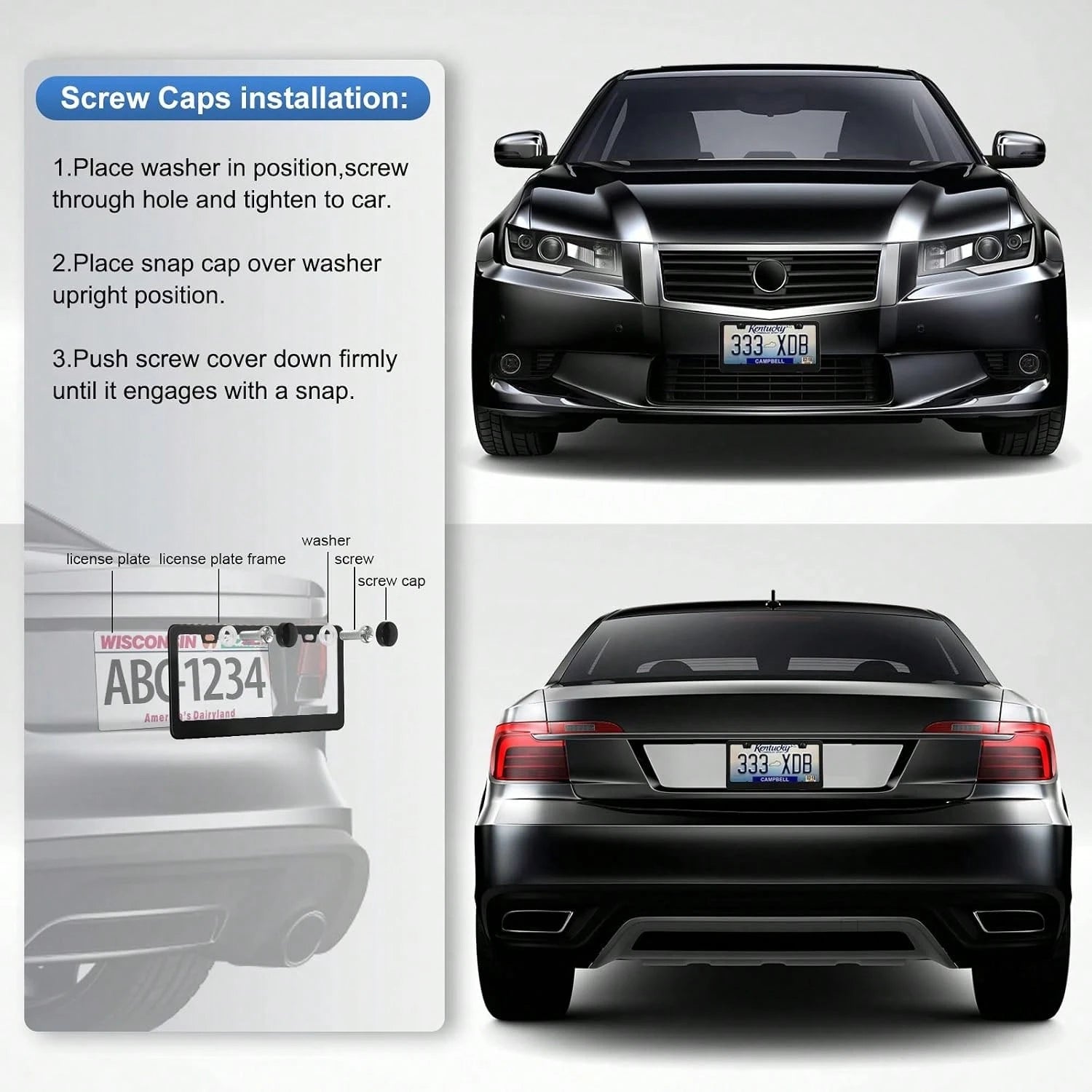 QUANQIUFEI 2 Pack License Plate Frames, Stainless Steel Car License Plate Cover Car Accessories With Screw Caps (Black)