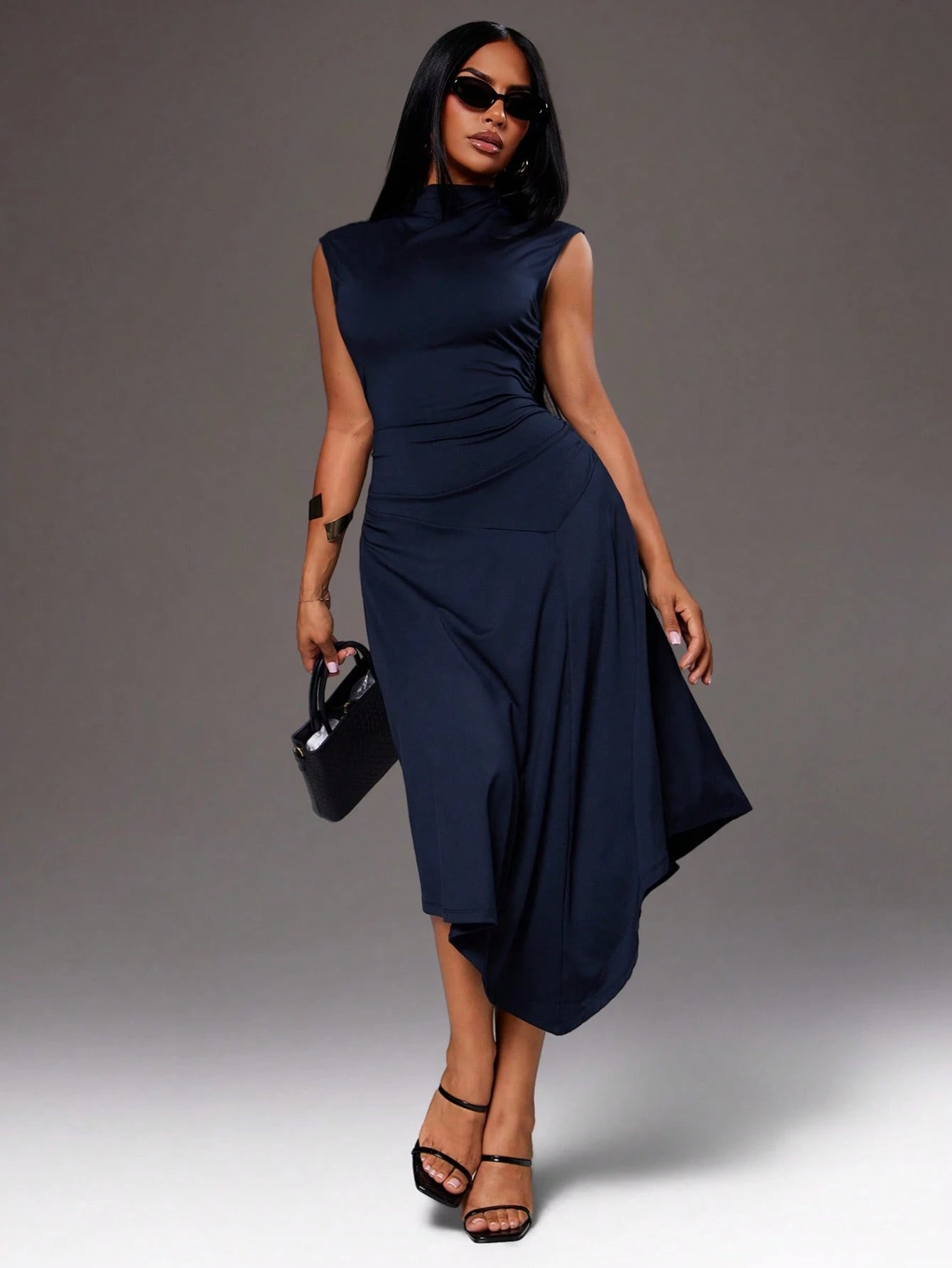 Radiana Women's Elegant Navy Blue Summer Fitted Dress,Graceful Asymmetric A-Line Mid-Length Design,High-Elasticity Knit Waist-Cinching Party Business Dress