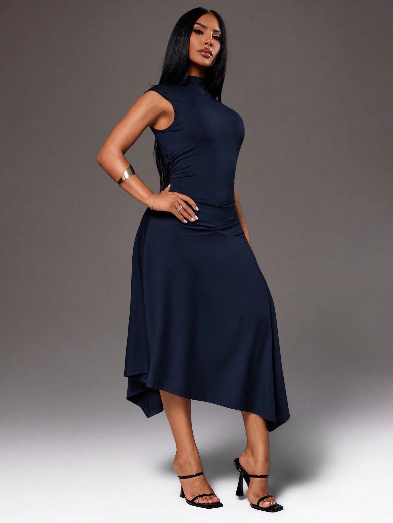 Radiana Women's Elegant Navy Blue Summer Fitted Dress,Graceful Asymmetric A-Line Mid-Length Design,High-Elasticity Knit Waist-Cinching Party Business Dress