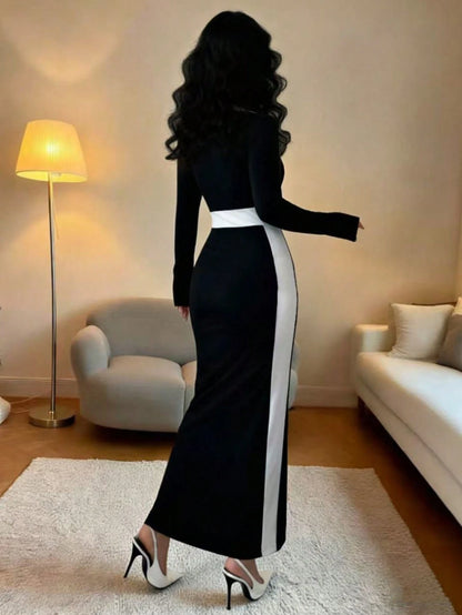 Rafferiza Women's Contrast Trim Wrap Fitted Elegant Long Sleeve Dress