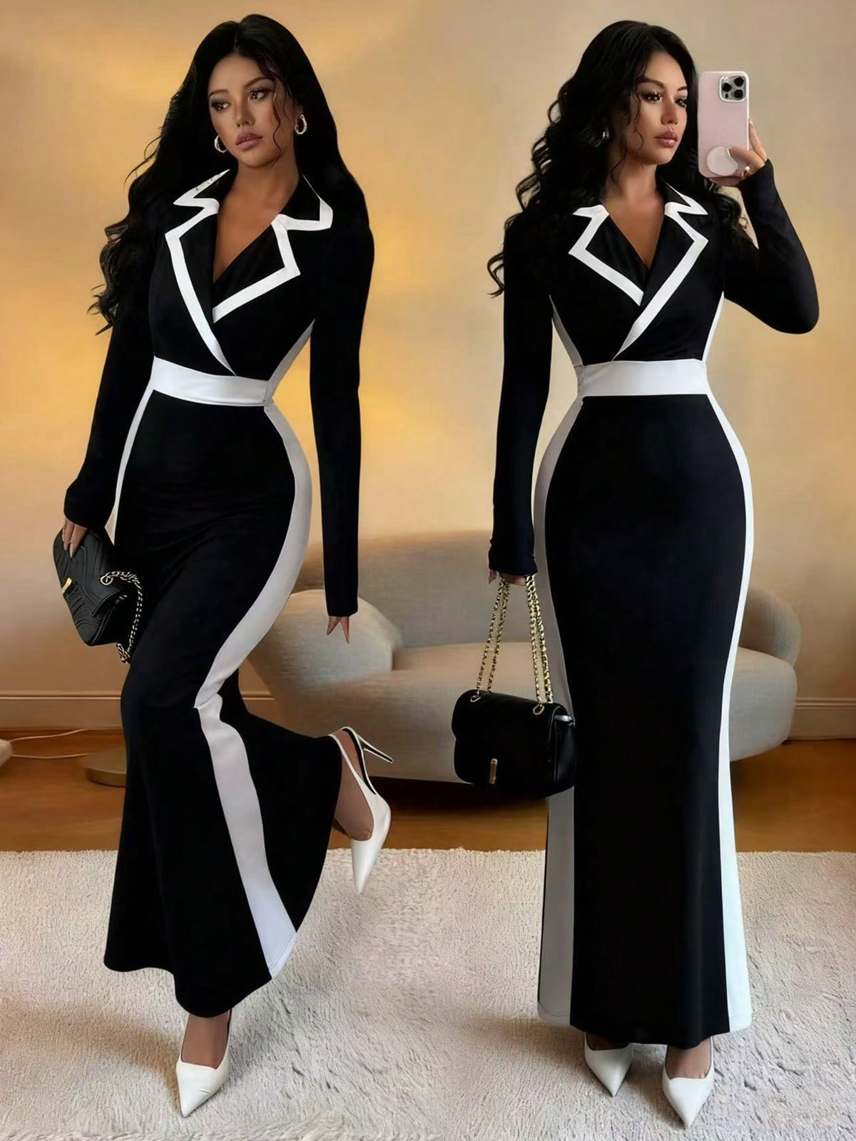 Rafferiza Women's Contrast Trim Wrap Fitted Elegant Long Sleeve Dress