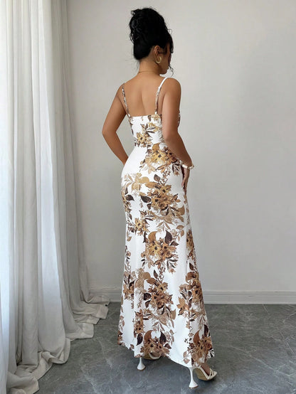 Rafferiza Women's Elegant Floral Print Spaghetti Strap Maxi Dress,White And Brown Summer Holiday Vacation,Elastic Waist,Gathered Pleats,High Slit Party Beach