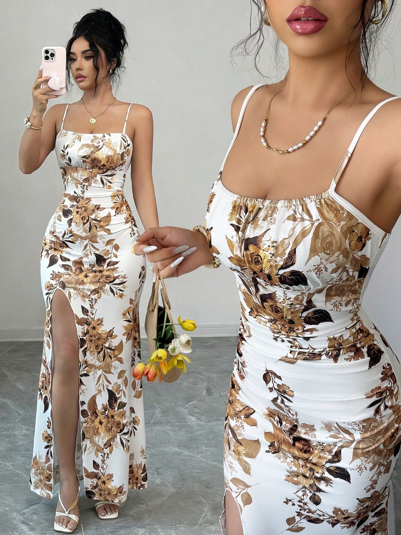 Rafferiza Women's Elegant Floral Print Spaghetti Strap Maxi Dress,White And Brown Summer Holiday Vacation,Elastic Waist,Gathered Pleats,High Slit Party Beach