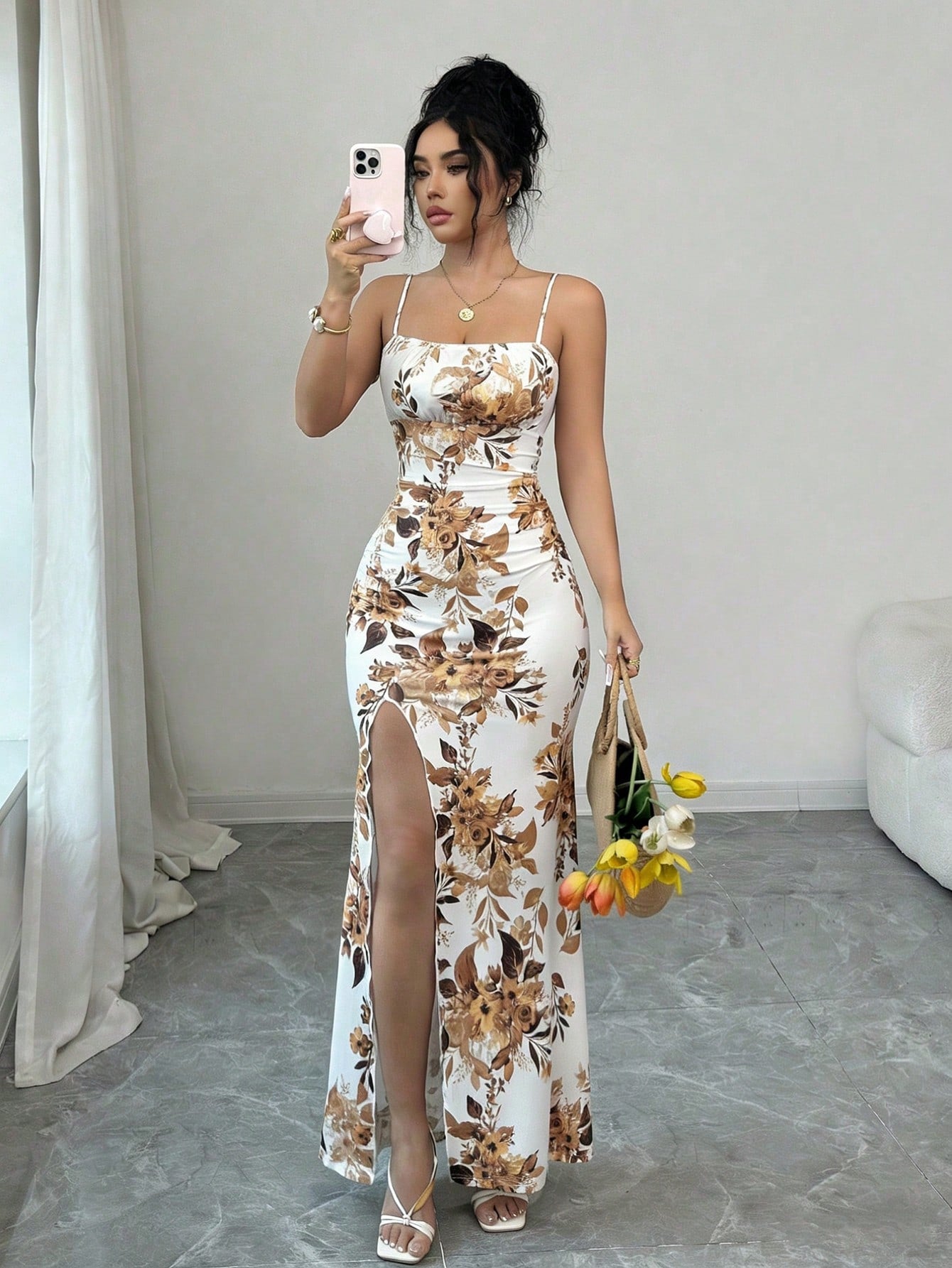 Rafferiza Women's Elegant Floral Print Spaghetti Strap Maxi Dress,White And Brown Summer Holiday Vacation,Elastic Waist,Gathered Pleats,High Slit Party Beach