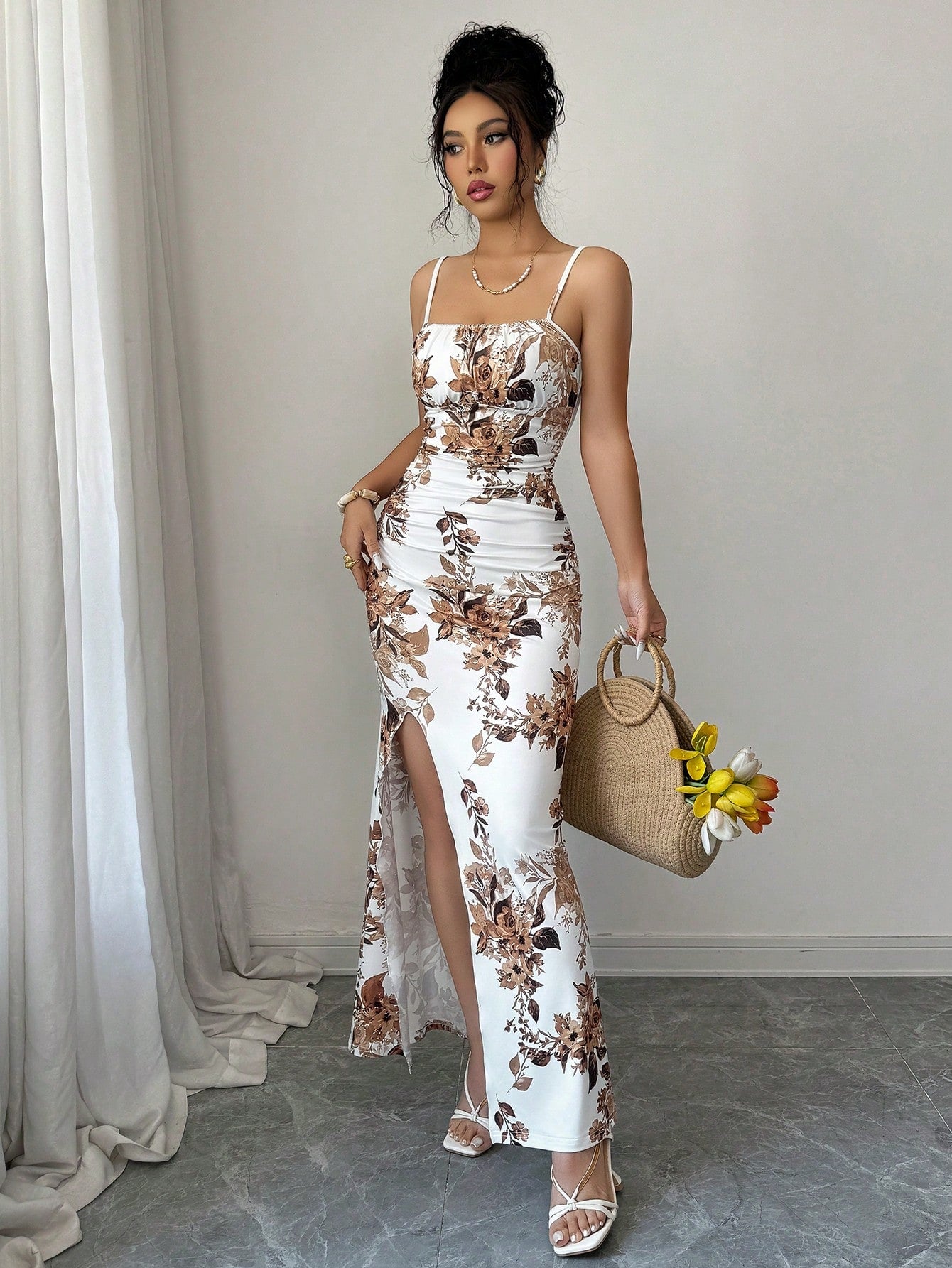 Rafferiza Women's Elegant Floral Print Spaghetti Strap Maxi Dress,White And Brown Summer Holiday Vacation,Elastic Waist,Gathered Pleats,High Slit Party Beach