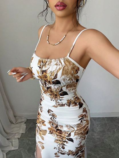 Rafferiza Women's Elegant Floral Print Spaghetti Strap Maxi Dress,White And Brown Summer Holiday Vacation,Elastic Waist,Gathered Pleats,High Slit Party Beach