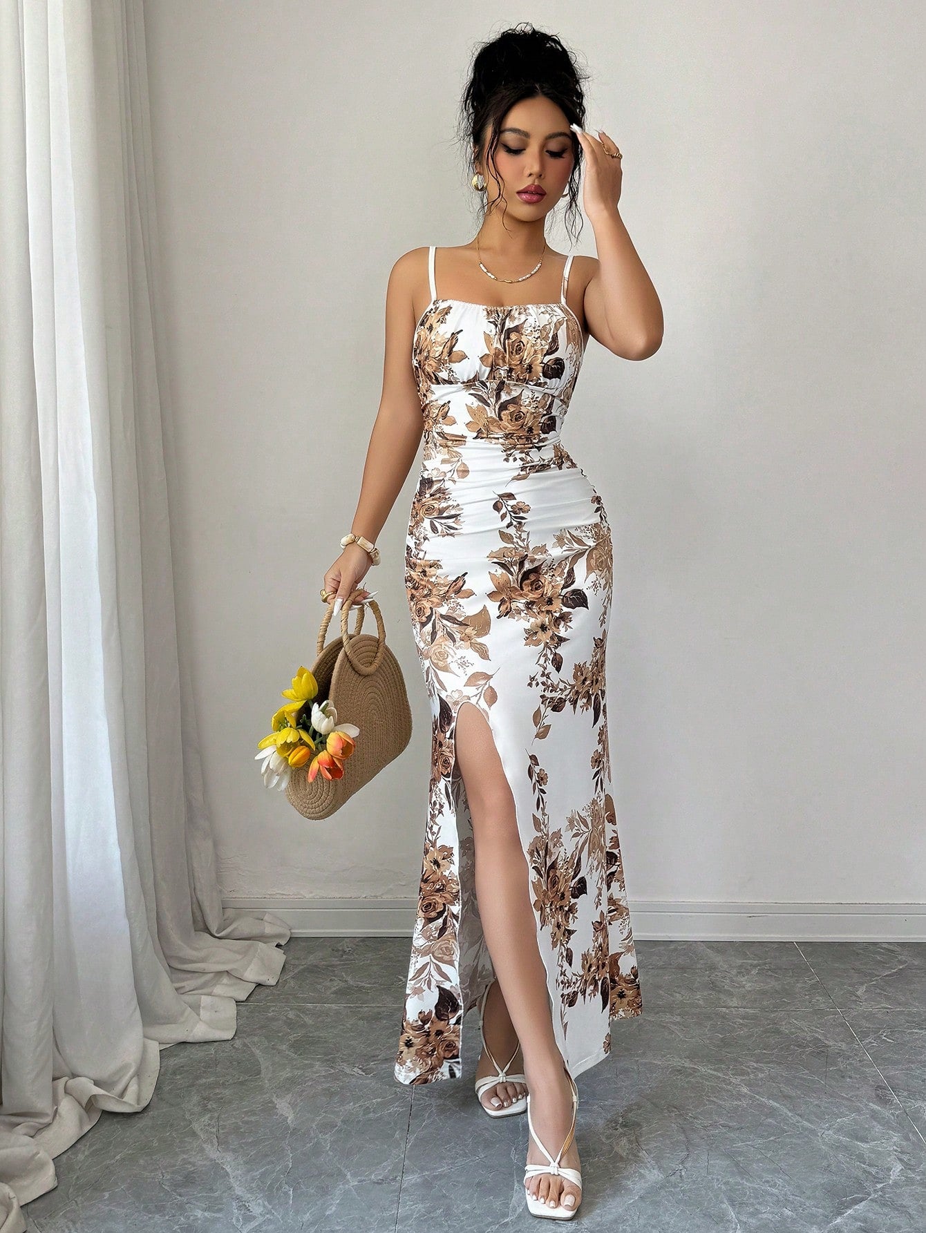 Rafferiza Women's Elegant Floral Print Spaghetti Strap Maxi Dress,White And Brown Summer Holiday Vacation,Elastic Waist,Gathered Pleats,High Slit Party Beach