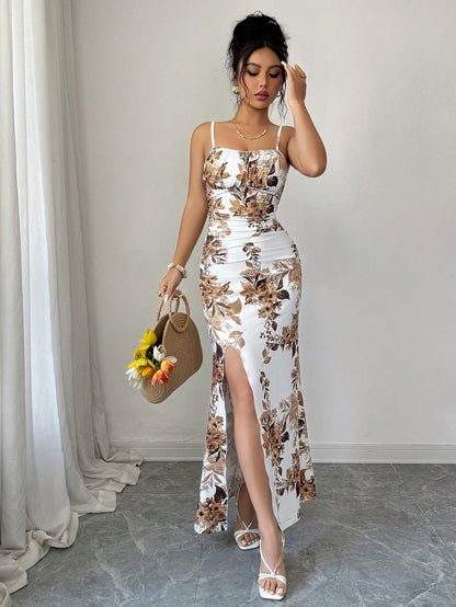 Rafferiza Women's Elegant Floral Print Spaghetti Strap Maxi Dress,White And Brown Summer Holiday Vacation,Elastic Waist,Gathered Pleats,High Slit Party Beach