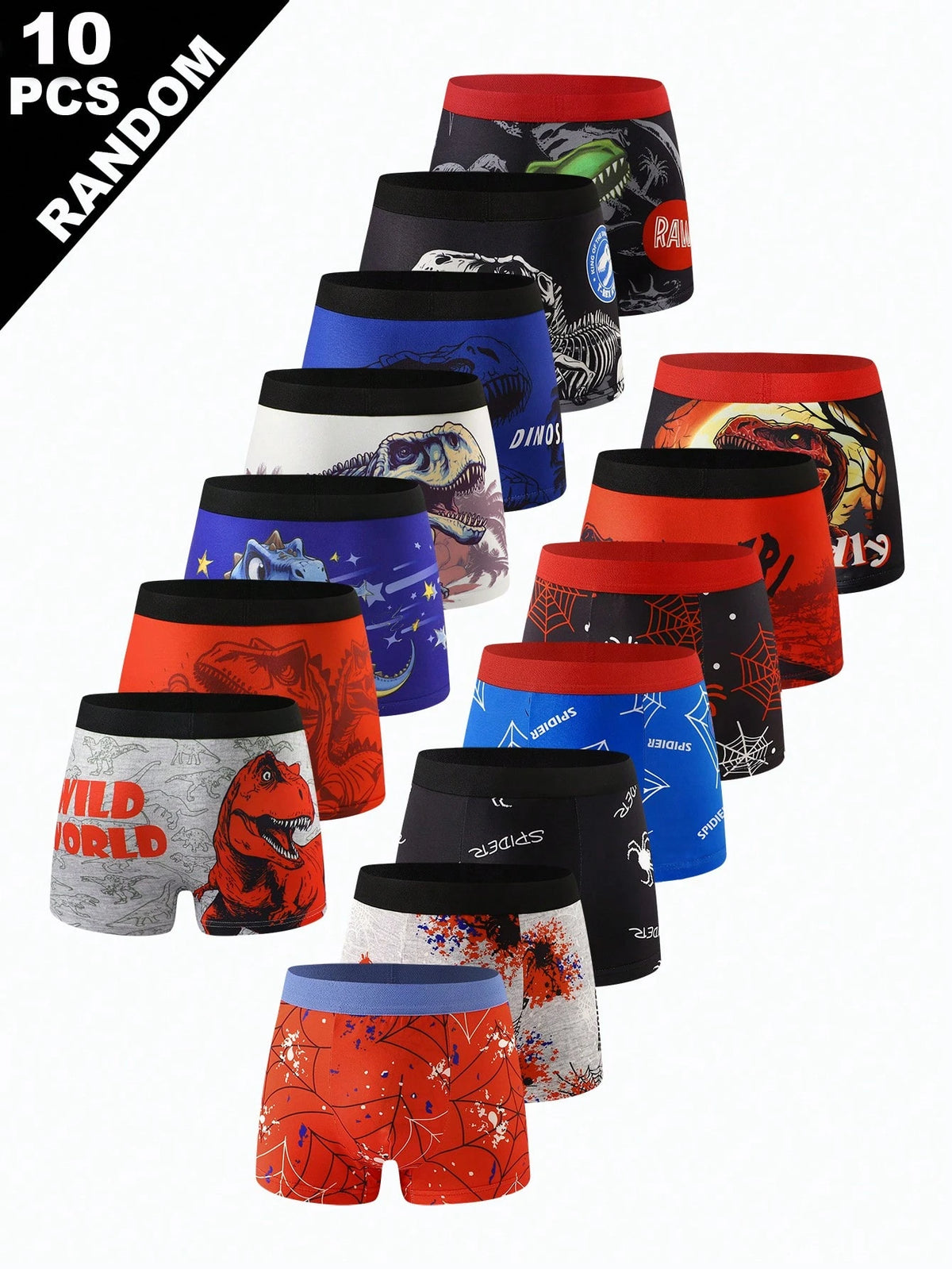 Random 10pcs Cool Spider Print Boys Boxer Briefs, Comfortable Boys Underwear