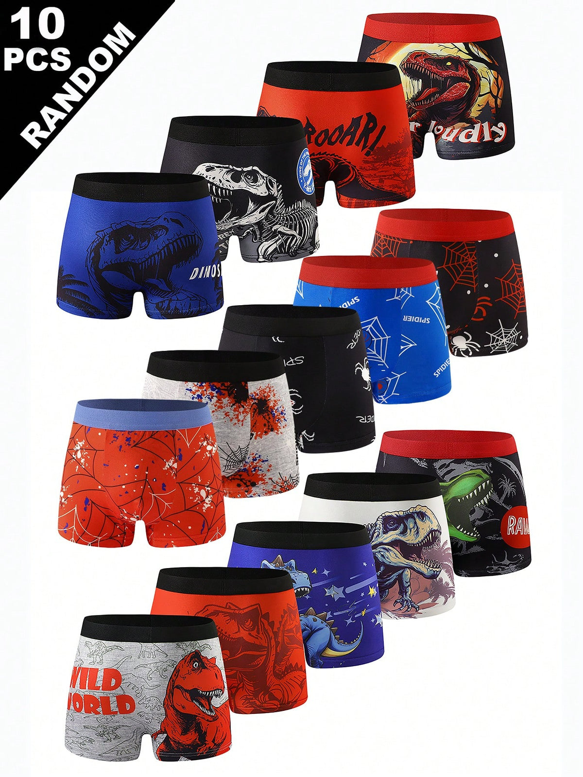 Random 10pcs Cool Spider Print Boys Boxer Briefs, Comfortable Boys Underwear