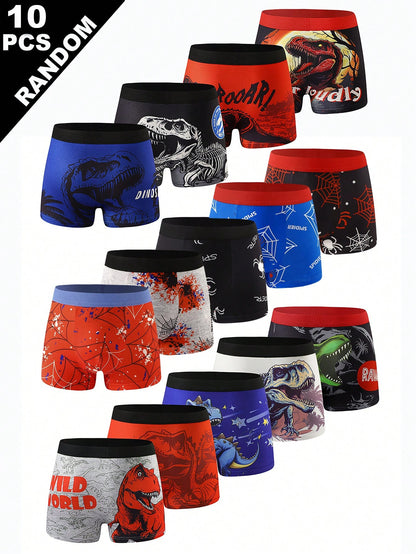 Random 10pcs Cool Spider Print Boys Boxer Briefs, Comfortable Boys Underwear