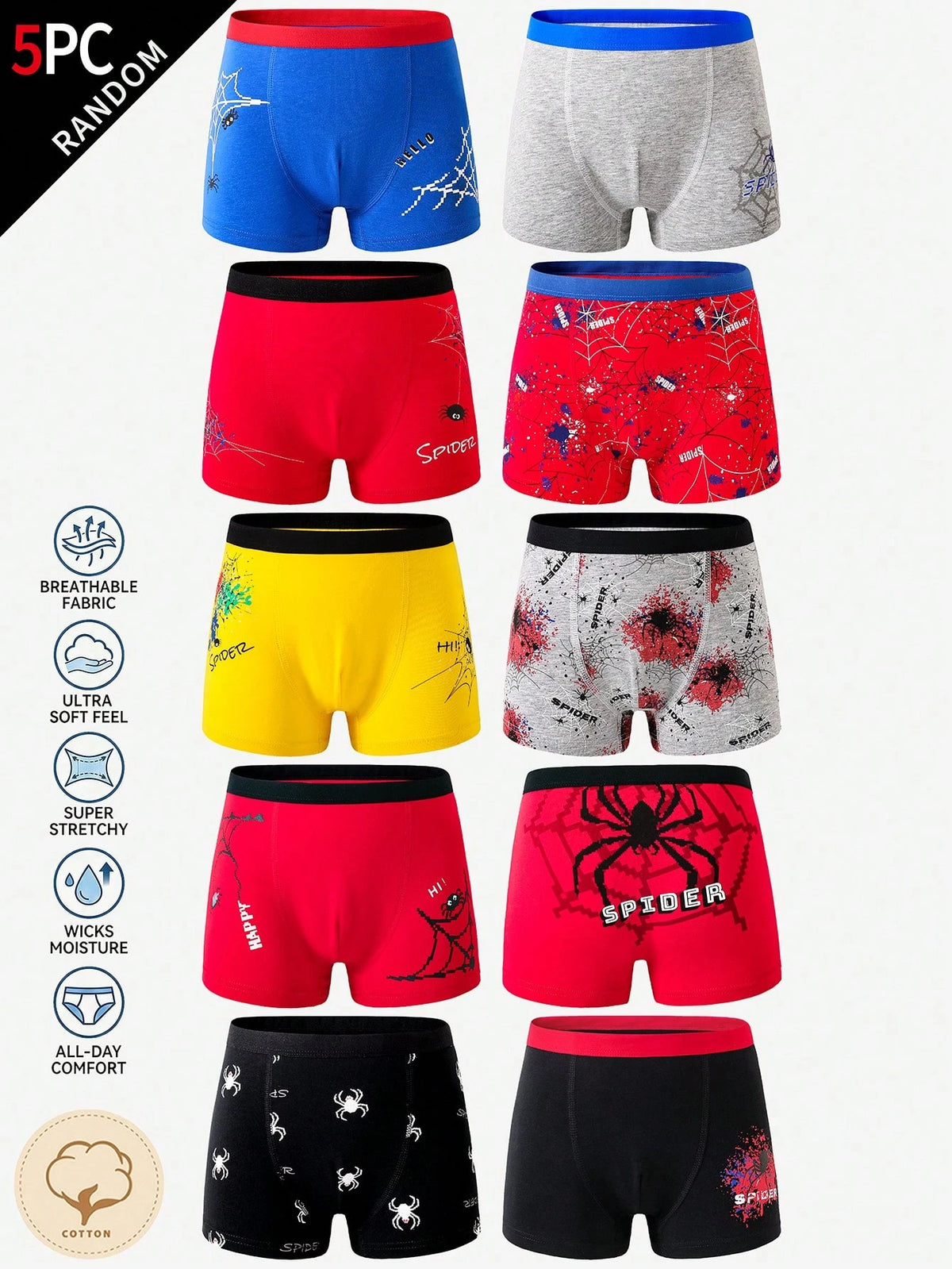 Random 10pcs Cool Spider Print Boys Boxer Briefs, Comfortable Boys Underwear