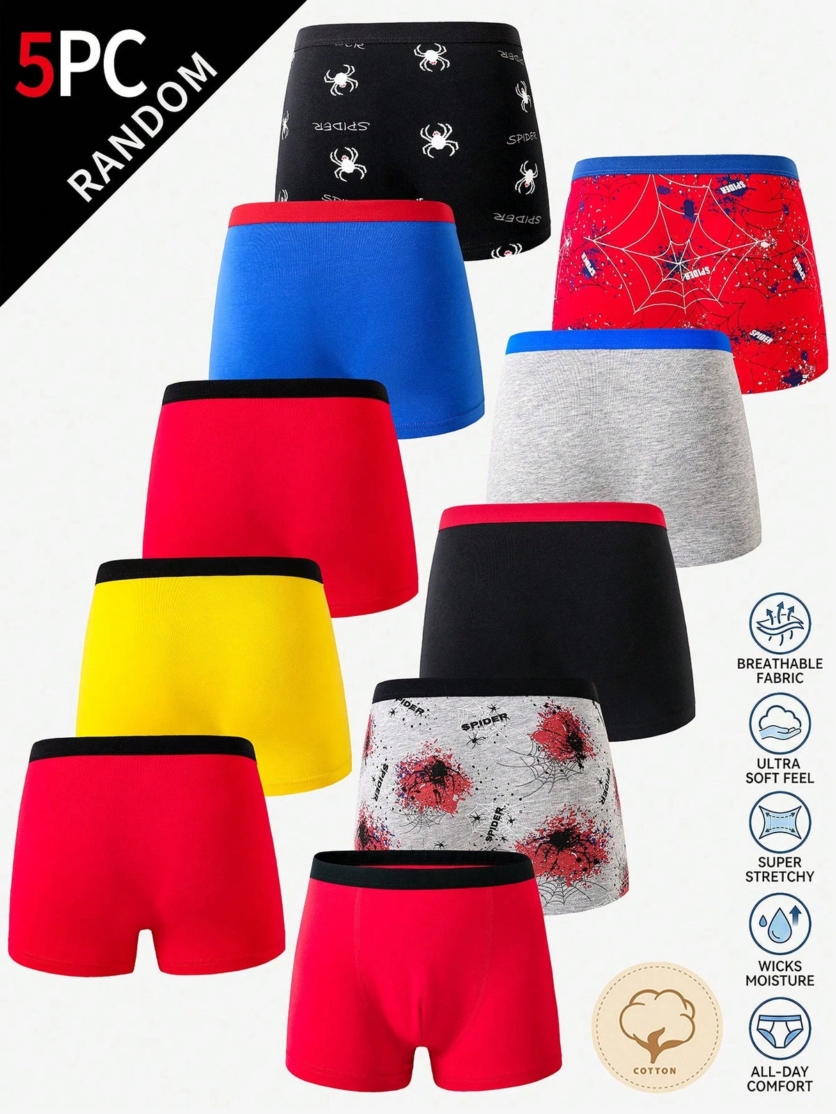 Random 10pcs Cool Spider Print Boys Boxer Briefs, Comfortable Boys Underwear