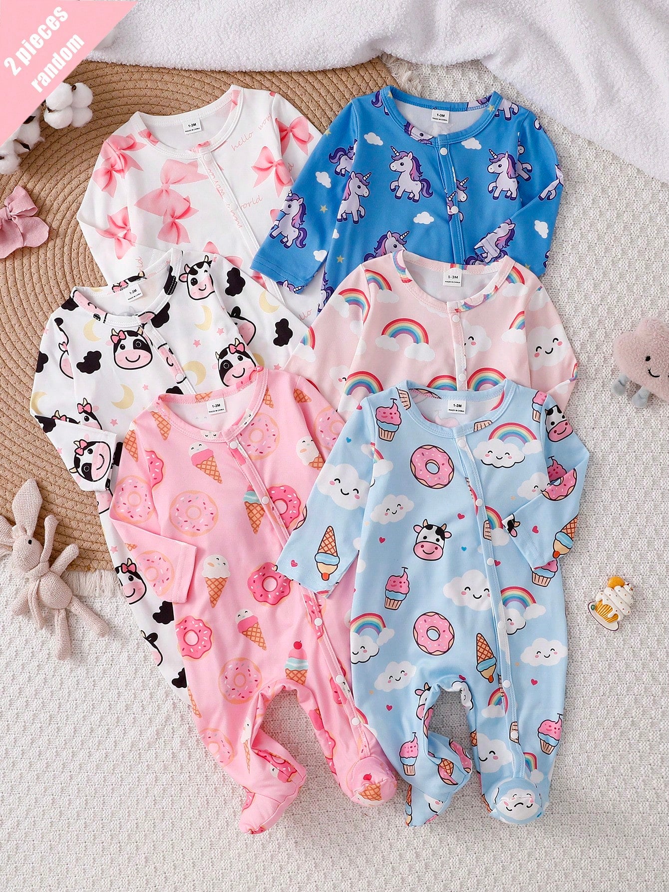 Random 1sets Newborn 0-12 Months Jumpsuit Forest Style Cute Ditsy Floral With Chain Craft Contrast Color Fresh Style Long Sleeve Footed Open Crotch