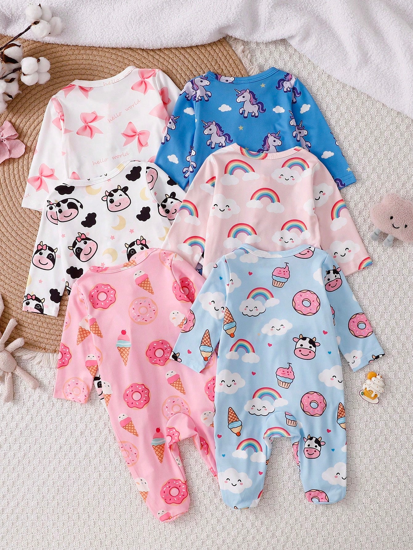 Random 1sets Newborn 0-12 Months Jumpsuit Forest Style Cute Ditsy Floral With Chain Craft Contrast Color Fresh Style Long Sleeve Footed Open Crotch