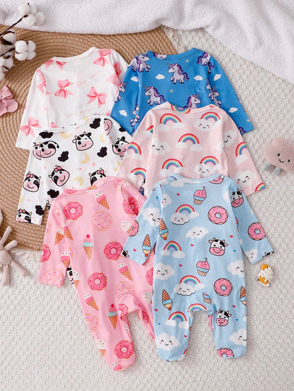 Random 1sets Newborn 0-12 Months Jumpsuit Forest Style Cute Ditsy Floral With Chain Craft Contrast Color Fresh Style Long Sleeve Footed Open Crotch