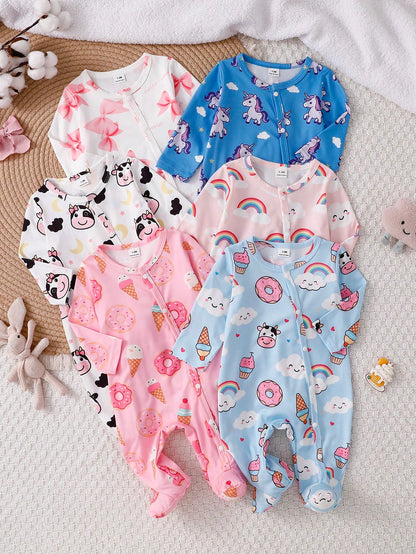 Random 1sets Newborn 0-12 Months Jumpsuit Forest Style Cute Ditsy Floral With Chain Craft Contrast Color Fresh Style Long Sleeve Footed Open Crotch