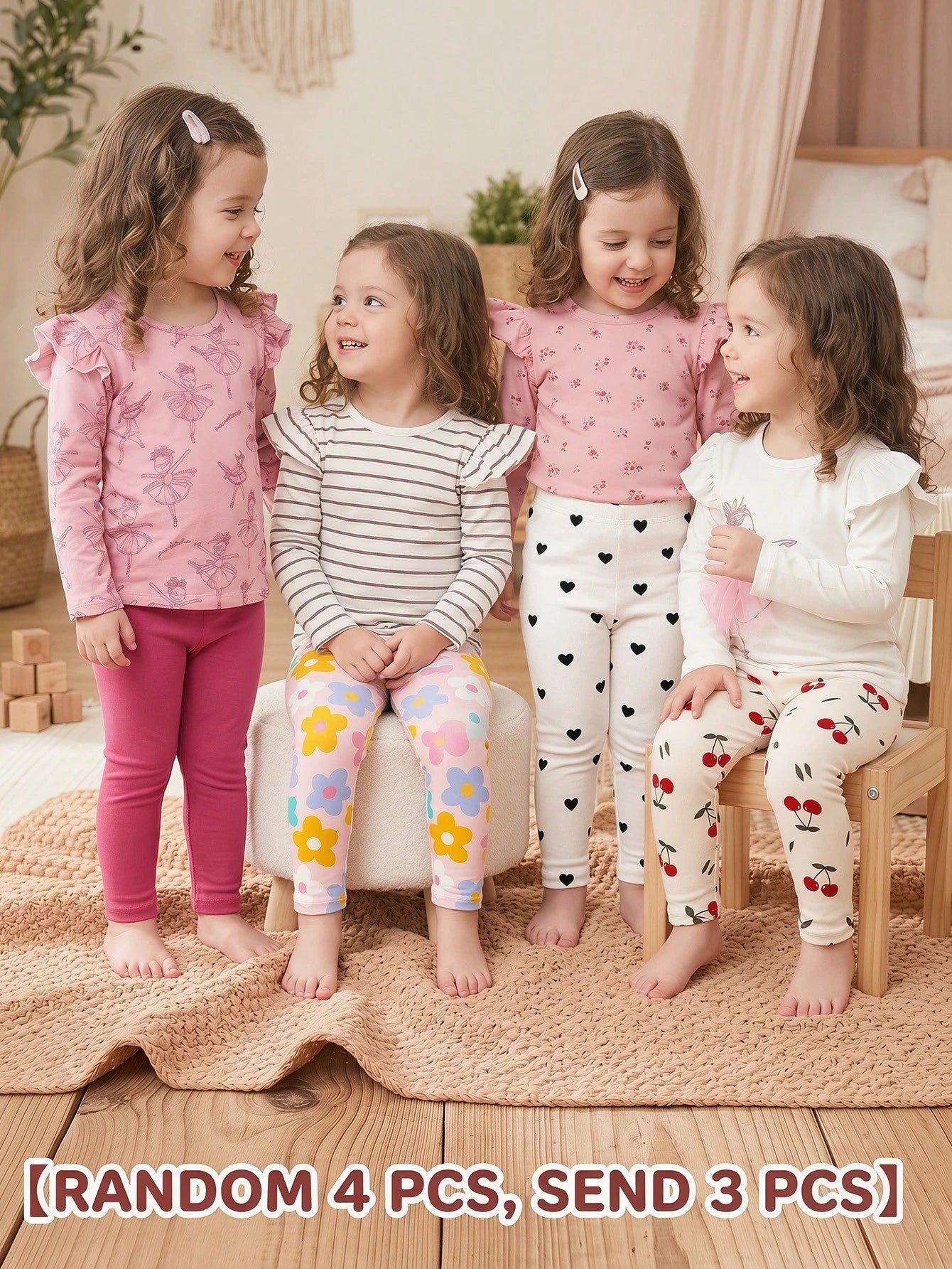 [Random 4pcs, 3pcs]Baby Girl Cute Pink Floral Vintage,Mini Heart Graphic Knit Elastic Waist Winter Leggings For Summer,Graduation & Everyday Wear
