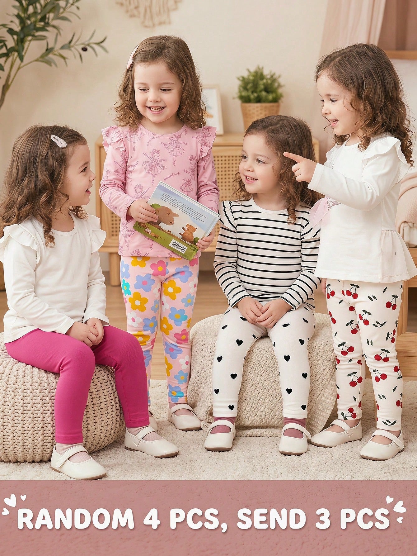 [Random 4pcs, 3pcs]Baby Girl Cute Pink Floral Vintage,Mini Heart Graphic Knit Elastic Waist Winter Leggings For Summer,Graduation & Everyday Wear