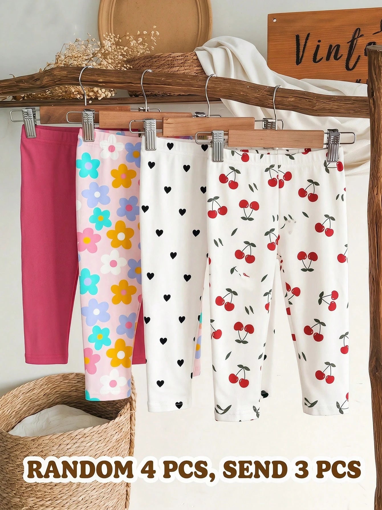[Random 4pcs, 3pcs]Baby Girl Cute Pink Floral Vintage,Mini Heart Graphic Knit Elastic Waist Winter Leggings For Summer,Graduation & Everyday Wear