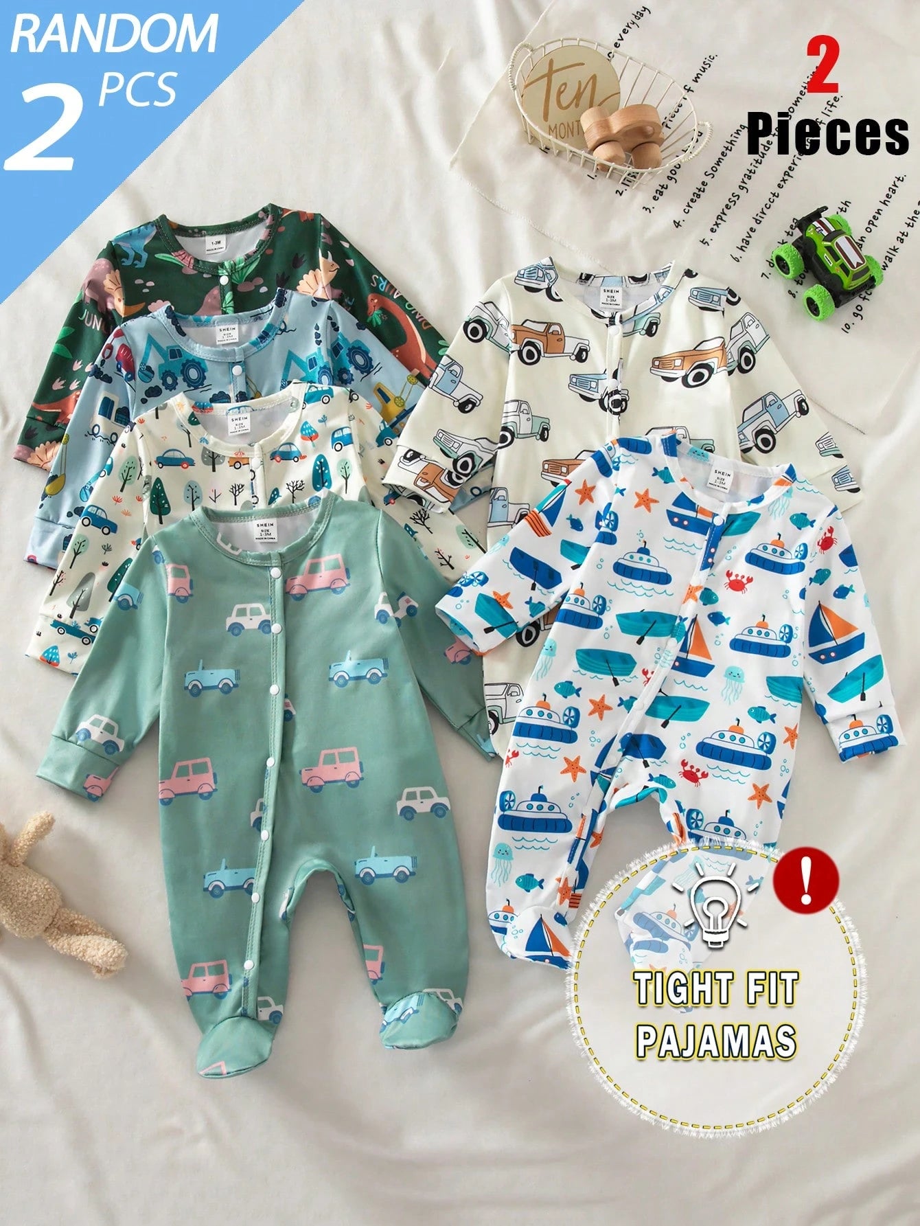 Random 6 Sets Send 2 Sets, Newborn Long Sleeve Footed Romper Cute Playful Dinosaur Car Truck White Blue Dark Green White Light Blue Fashion Pattern 3-Piece Set Jumpsuit Loungewear Best Gift For Newbor
