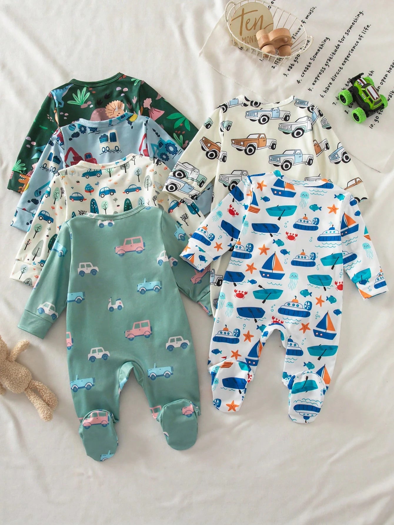 Random 6 Sets Send 2 Sets, Newborn Long Sleeve Footed Romper Cute Playful Dinosaur Car Truck White Blue Dark Green White Light Blue Fashion Pattern 3-Piece Set Jumpsuit Loungewear Best Gift For Newbor