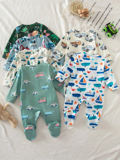 Random 6 Sets Send 2 Sets, Newborn Long Sleeve Footed Romper Cute Playful Dinosaur Car Truck White Blue Dark Green White Light Blue Fashion Pattern 3-Piece Set Jumpsuit Loungewear Best Gift For Newbor