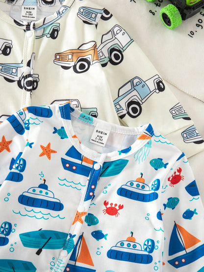 Random 6 Sets Send 2 Sets, Newborn Long Sleeve Footed Romper Cute Playful Dinosaur Car Truck White Blue Dark Green White Light Blue Fashion Pattern 3-Piece Set Jumpsuit Loungewear Best Gift For Newbor