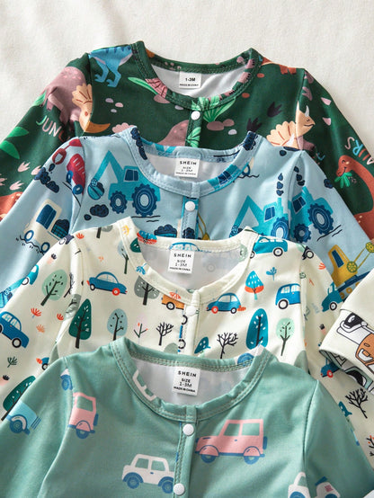 Random 6 Sets Send 2 Sets, Newborn Long Sleeve Footed Romper Cute Playful Dinosaur Car Truck White Blue Dark Green White Light Blue Fashion Pattern 3-Piece Set Jumpsuit Loungewear Best Gift For Newbor