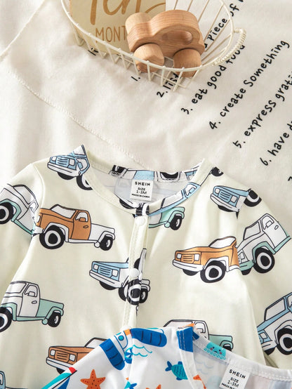 Random 6 Sets Send 2 Sets, Newborn Long Sleeve Footed Romper Cute Playful Dinosaur Car Truck White Blue Dark Green White Light Blue Fashion Pattern 3-Piece Set Jumpsuit Loungewear Best Gift For Newbor