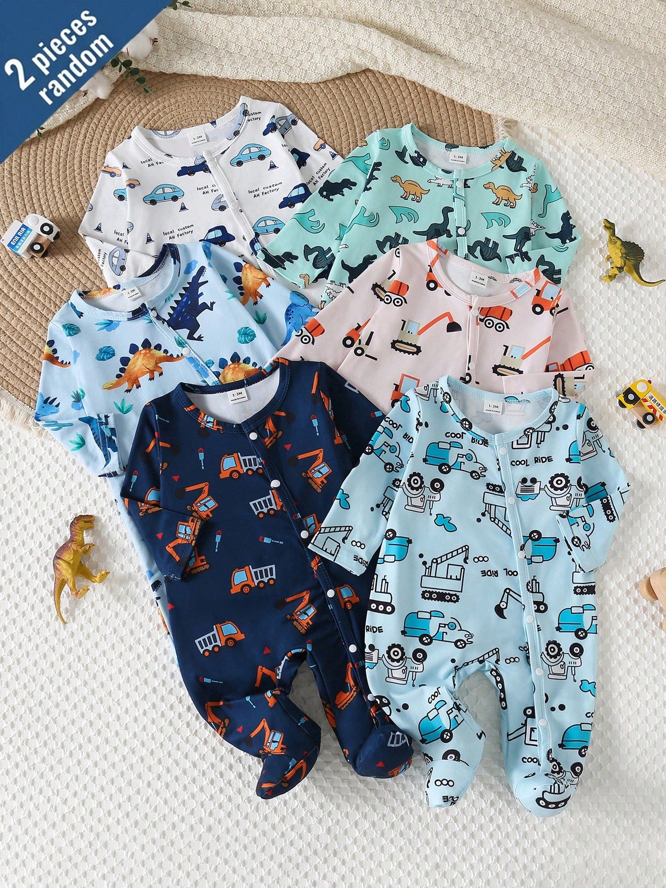 Random 6 Sets Send 2 Sets, Newborn Long Sleeve Footed Romper Cute Playful Dinosaur Car Truck White Blue Dark Green White Light Blue Fashion Pattern 3-Piece Set Jumpsuit Loungewear Best Gift For Newbor