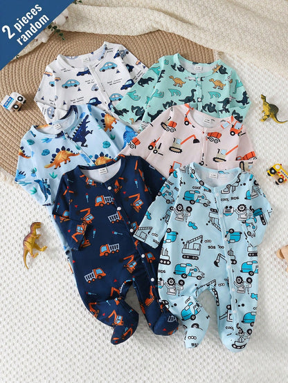 Random 6 Sets Send 2 Sets, Newborn Long Sleeve Footed Romper Cute Playful Dinosaur Car Truck White Blue Dark Green White Light Blue Fashion Pattern 3-Piece Set Jumpsuit Loungewear Best Gift For Newbor
