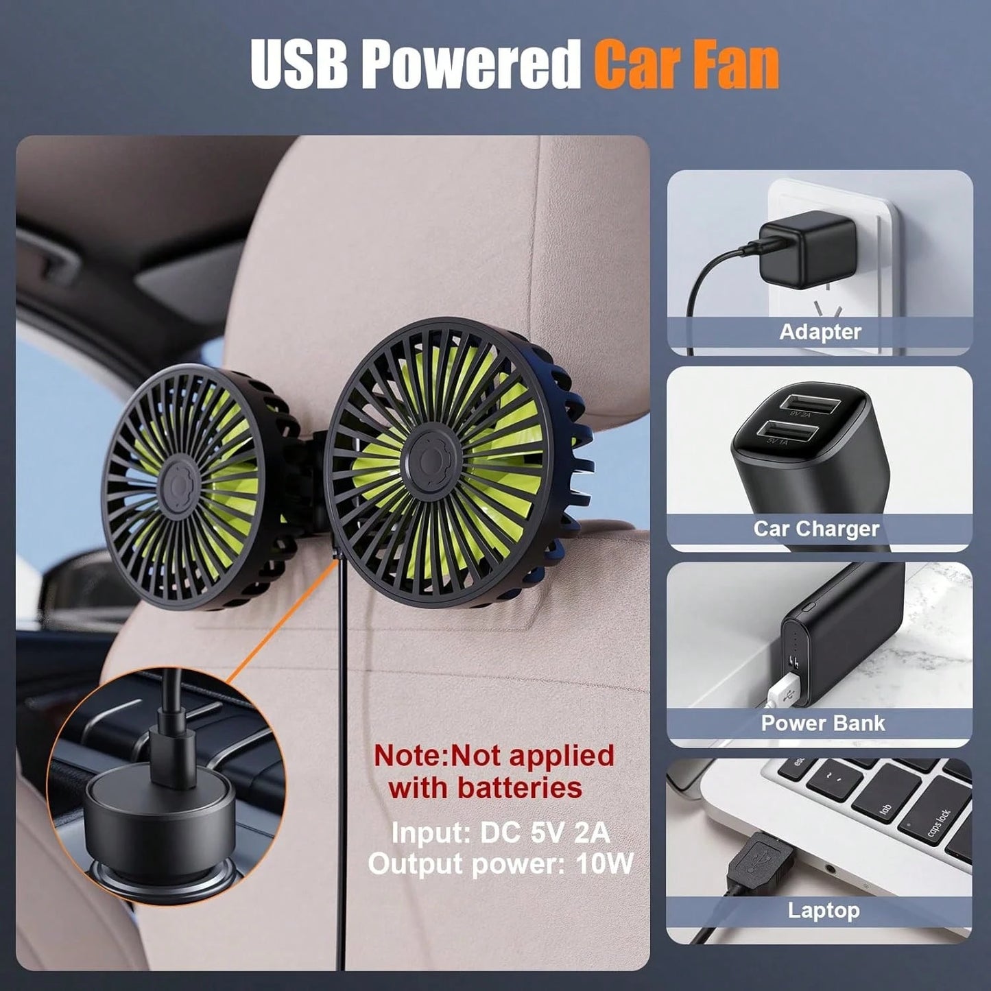 Rear Seat Car USB Cooling Fan: Dual Head Car Children's Fan 3 Speeds 360° Rotating Headrest Electric Fan 5V/2A Powerful Car Electric Air Circulation Fan Suitable For Sedan SUV RV Truck (USB Interface)