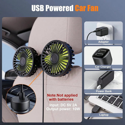 Rear Seat Car USB Cooling Fan: Dual Head Car Children's Fan 3 Speeds 360° Rotating Headrest Electric Fan 5V/2A Powerful Car Electric Air Circulation Fan Suitable For Sedan SUV RV Truck (USB Interface)