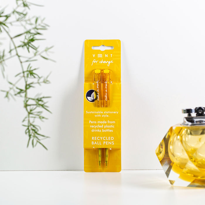 Recycled Pen Set made from Plastic Bottles - yellow in packaging
