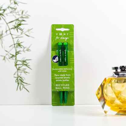 Recycled Pen Set made from Plastic Bottles - green in packaging