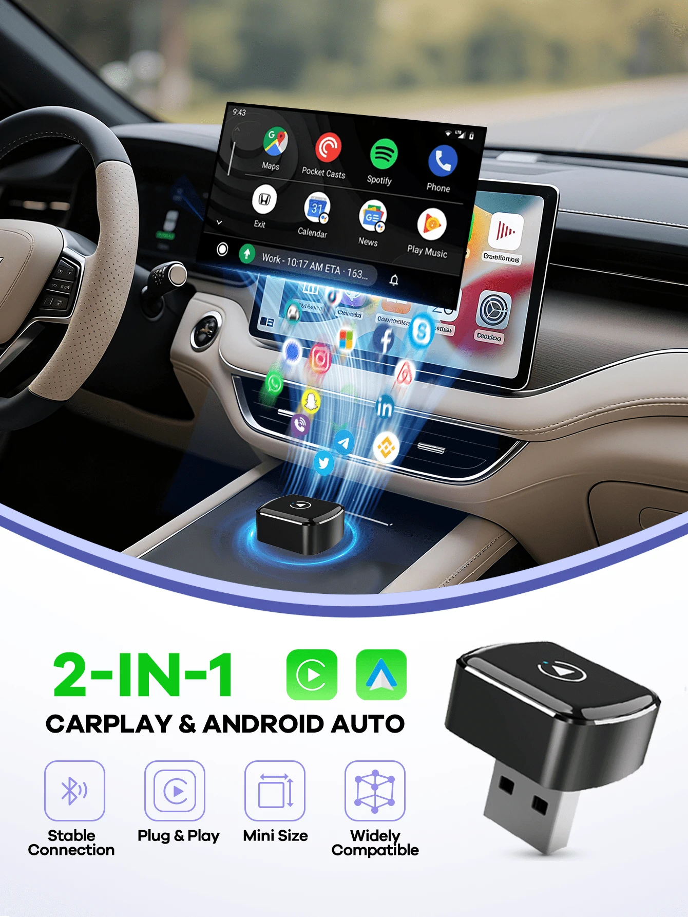 REMAX 2 In 1 Wireless Carplay Adapter Compatible With Apple CarPlay & Android Auto; Mini Size; Plug & Play; Car Play Wireless Adapter Compatible With IPhone IOS 6+, Android 11+, Fast And Stable Connec