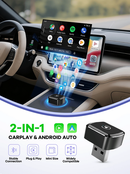 REMAX 2 In 1 Wireless Carplay Adapter Compatible With Apple CarPlay & Android Auto; Mini Size; Plug & Play; Car Play Wireless Adapter Compatible With IPhone IOS 6+, Android 11+, Fast And Stable Connec