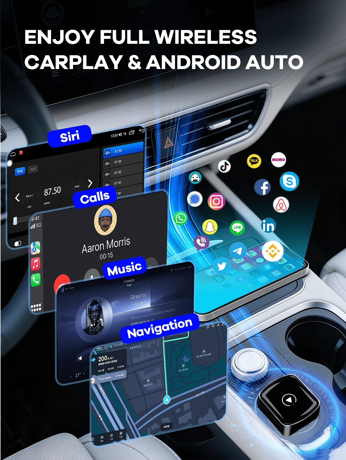 REMAX 2 In 1 Wireless Carplay Adapter Compatible With Apple CarPlay & Android Auto; Mini Size; Plug & Play; Car Play Wireless Adapter Compatible With IPhone IOS 6+, Android 11+, Fast And Stable Connec