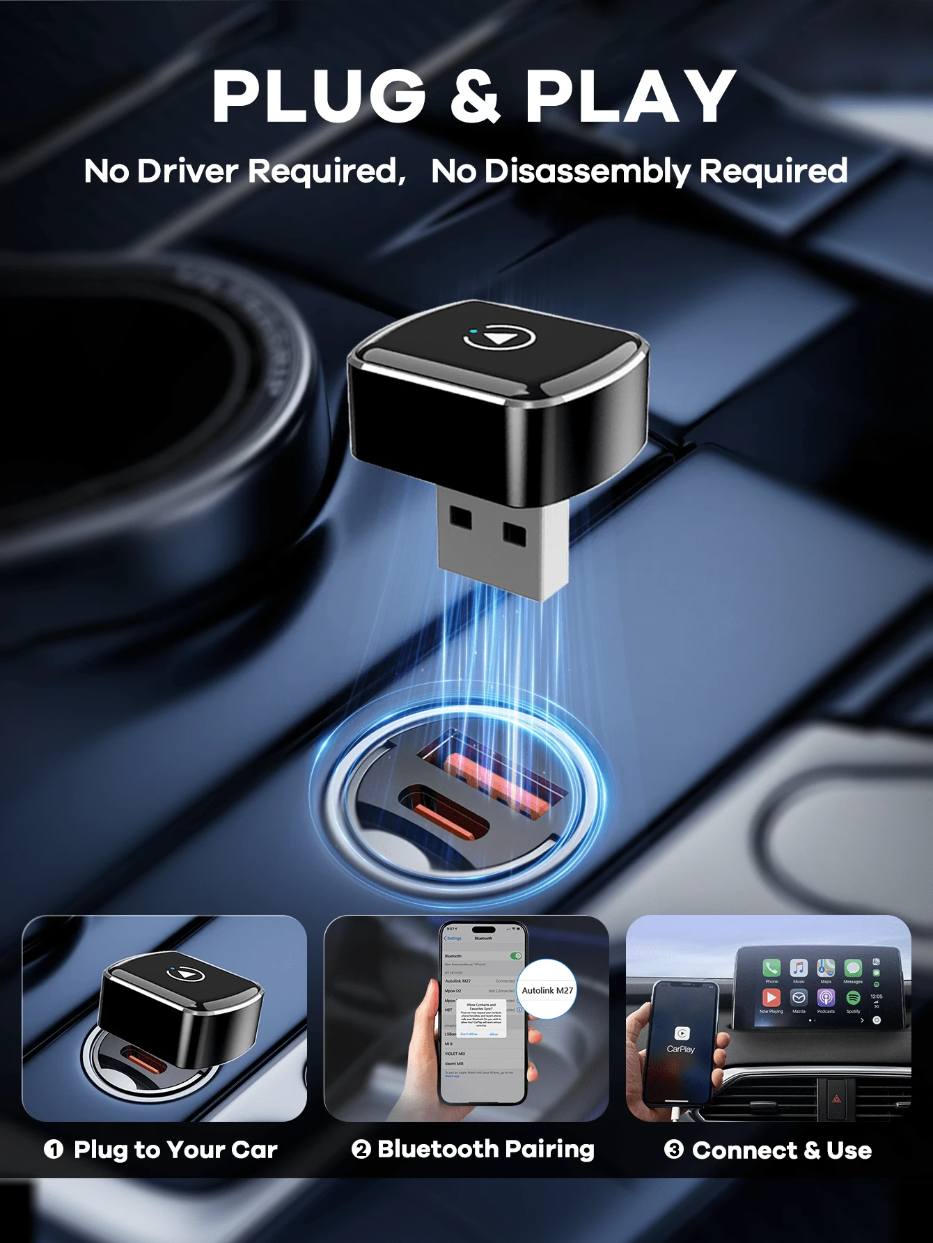 REMAX 2 In 1 Wireless Carplay Adapter Compatible With Apple CarPlay & Android Auto; Mini Size; Plug & Play; Car Play Wireless Adapter Compatible With IPhone IOS 6+, Android 11+, Fast And Stable Connec