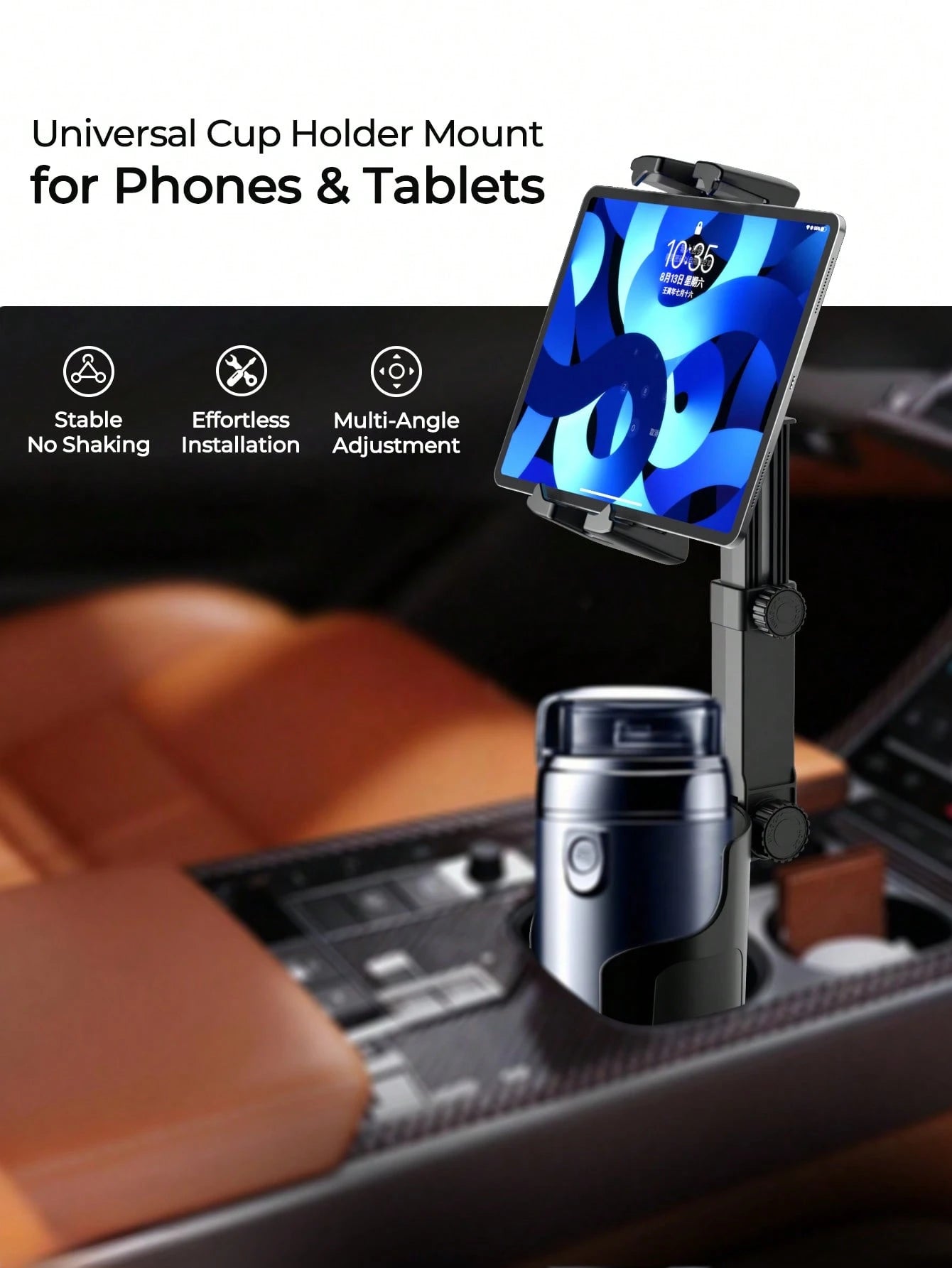 REMAX Adjustable Car Cup Holder Mount For 4.7-9.4 Inch Phones & Tablets, 360° Rotating Extendable Arm, Secure & Shake-Free Hold, Universal Expanding Base For 3.3-3.75 Inch Cup Holders, 1-Second Instal